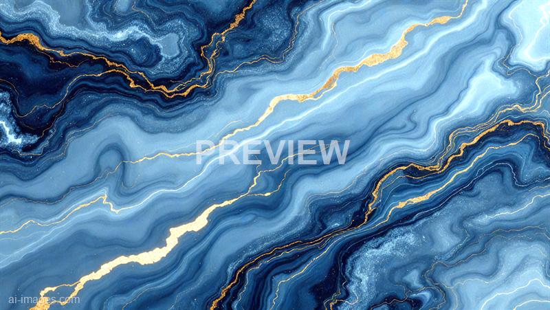 The image features an abstract pattern resembling flowing marble or agate with swirling shades of blue, from deep navy to light sky blue. Gold-colored veins run through the pattern, creating a striking contrast and adding a sense of richness and depth to the design. The overall look is smooth, fluid, and visually dynamic, evoking the natural beauty of mineral formations.