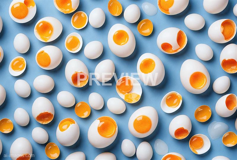 The image displays numerous white eggs scattered across a light blue background. Some eggs are whole, while others are cracked open, revealing bright orange yolks inside. The composition creates a vibrant contrast between the white eggs and the colorful yolks against the blue surface.