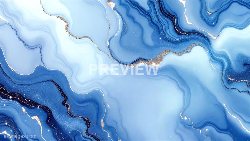 The image features an abstract design resembling flowing marble or watercolor with swirling shades of blue, ranging from light to dark, accented with delicate gold lines and speckles that mimic veins or mineral deposits. The composition creates a sense of depth and movement, with a smooth, glossy texture that highlights the fluidity of the colors and metallic accents. The overall aesthetic is elegant and calming, evoking the appearance of a luxurious gemstone or a celestial scene.