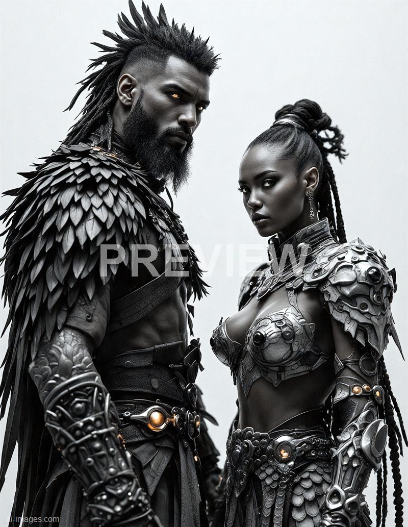 The image features two individuals dressed in elaborate, futuristic, and fantasy-inspired armor with intricate metallic and leather details. The man on the left has dark skin, a beard, and a mohawk hairstyle with spiked hair, while the woman on the right has a sleek hairstyle with long braids and wears similarly detailed armor. Both have intense expressions and stand against a plain, neutral background, emphasizing their striking appearances and detailed costumes.
