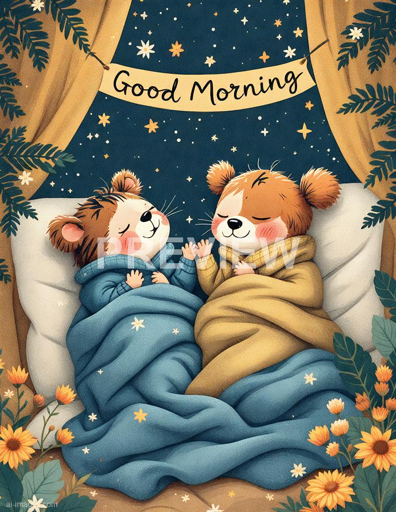 The image depicts two adorable bear cubs lying in bed, wrapped in cozy blankets; one in a blue blanket and the other in a yellow blanket. They are holding hands, with their eyes closed and smiling peacefully, suggesting a comforting and warm morning scene. Behind them, there are curtains, a starry night sky, and a cheerful "Good Morning" banner, with flowers and greenery framing the scene, creating a cozy and whimsical atmosphere.