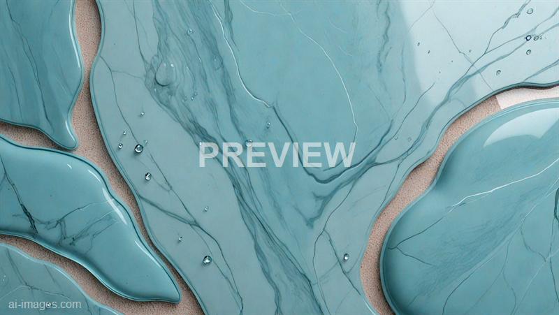 The image features abstract shapes in shades of blue and teal, with a smooth, glossy texture. There are thin, dark veins and lines running through the shapes, along with small water droplets scattered across the surface, creating a fluid and organic appearance. The background appears to be a light, neutral color, possibly beige or tan, with some textured areas visible around the edges of the shapes.