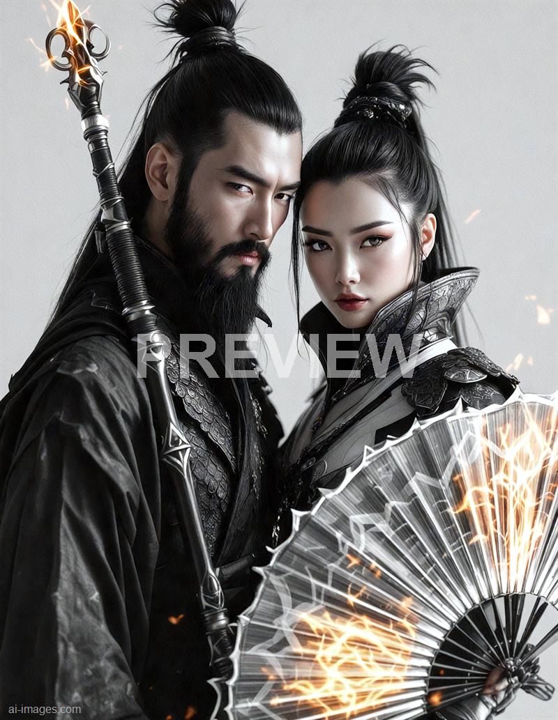 The image features two characters dressed in dark, elaborate costumes that resemble traditional Asian warrior or fantasy attire. The male character has long black hair tied up in a topknot, a full beard, and intense eyes, holding a staff topped with a fiery design. The female character has long dark hair styled in a high ponytail, with fierce makeup and a confident expression, holding a large, partially open fan with fiery sparks emanating from it. The background is plain and light-colored, which emphasizes their detailed costumes and intense expressions.