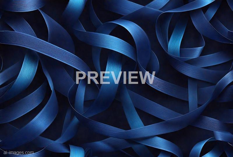 The image features an intricate arrangement of dark and vibrant blue ribbons or strips, intertwined and layered over each other, creating a complex, flowing pattern. The ribbons have a textured surface with subtle lines and shading, giving a sense of depth and movement against a dark background. The overall composition emphasizes curves and loops, creating an abstract and visually dynamic scene.
