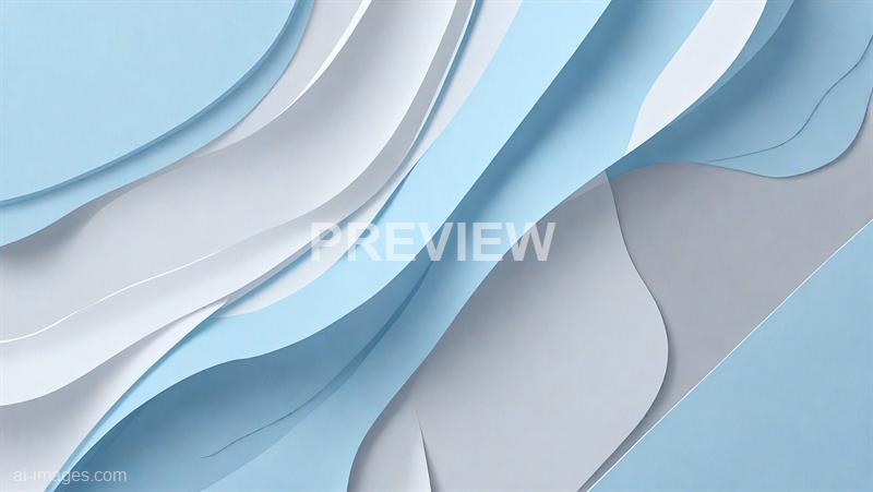 The image features an abstract composition of layered paper cutouts in shades of blue, white, and gray. The layers create a flowing, wave-like pattern with smooth, curved edges, giving a sense of depth and movement across the surface. The overall aesthetic is clean, modern, and minimalistic, emphasizing the interplay of color and form.