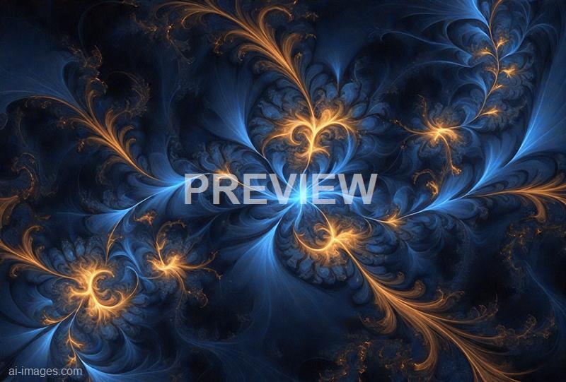 The image features an abstract fractal design with intricate swirling patterns in shades of blue and glowing orange. The central point emits bright blue light, with tendrils and feather-like structures radiating outward, creating a sense of depth and dynamic movement across the dark background. The overall composition appears both complex and mesmerizing, resembling a cosmic or energetic phenomenon.