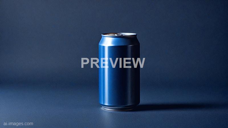 The image features a single, tall, cylindrical aluminum can with a metallic blue finish, placed on a flat surface. The background is a textured, dark blue surface that complements the color of the can, with a subtle shadow cast by the can on the surface, indicating a light source coming from the left. The can appears unopened, with a reflective surface that captures some light, emphasizing its smooth, sleek design.