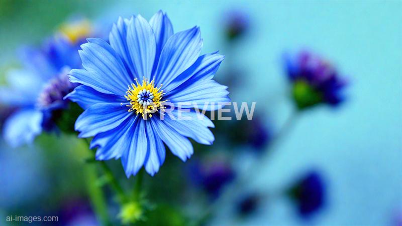 The image features a close-up of a vibrant blue flower with delicate, elongated petals that have subtle white and darker blue streaks. The center of the flower showcases a cluster of small yellow and blue structures, adding contrast and detail to the bloom. In the background, there are blurred hints of other flowers and greenery, creating a soft, bokeh effect that emphasizes the main flower in sharp focus.