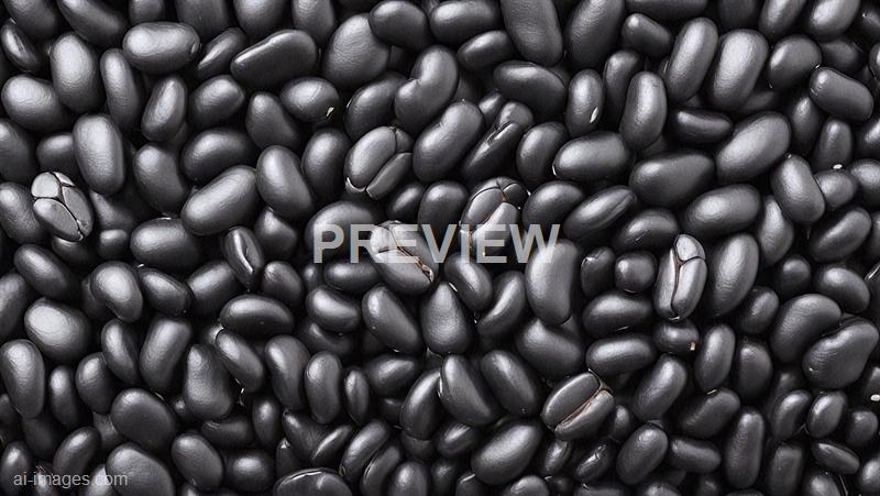 The image shows a large collection of glossy black beans densely packed together, with a few showing slight cracks in their shells. The beans are smooth, shiny, and uniformly dark, filling the entire frame with no background visible. The lighting highlights the reflective surface of the beans, emphasizing their texture and shape.