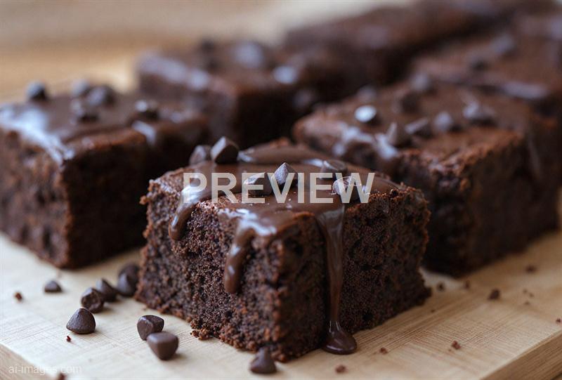 A close-up view of several rich, chocolate brownies topped with a glossy layer of chocolate glaze and sprinkled with small chocolate chips. The brownies are placed on a wooden surface, with some crumbs scattered around, highlighting their moist and fudgy texture. The focus is on the front brownie, with the background slightly blurred to emphasize the details of the dessert.