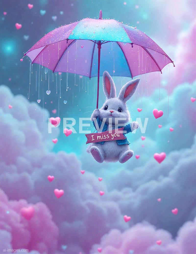 The image features a cute, animated white rabbit with pink accents on its ears, holding a pastel-colored umbrella in a sky filled with soft, fluffy clouds. The sky has a dreamy gradient of pink, purple, and blue, with floating pink hearts and tiny sparkling lights enhancing the whimsical atmosphere. The rabbit is wearing a small blue jacket and has a ribbon around its neck with the message "I miss you" written on it.
