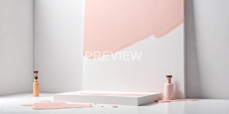 The image features a minimalistic scene with a white background and two soft pink vases, each holding a few brown sticks or reeds, placed on either side of a white rectangular platform. Behind the platform, there are large, torn pieces of pink and white paper or fabric hanging against the backdrop, with some pieces scattered on the surface, creating a simple yet elegant composition with a pastel color scheme.