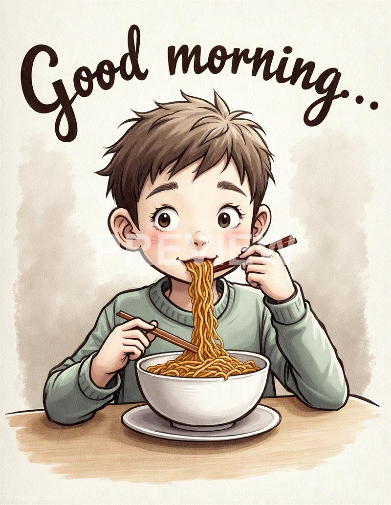 The image depicts an animated or illustrated young boy with short brown hair, large expressive eyes, and a cheerful expression, sitting at a wooden table. He is holding a pair of chopsticks in one hand, lifting a portion of noodles from a white bowl, and appears to be about to eat. The background features the phrase "Good morning..." written in large, playful script, and the overall style has a soft, watercolor-like quality.