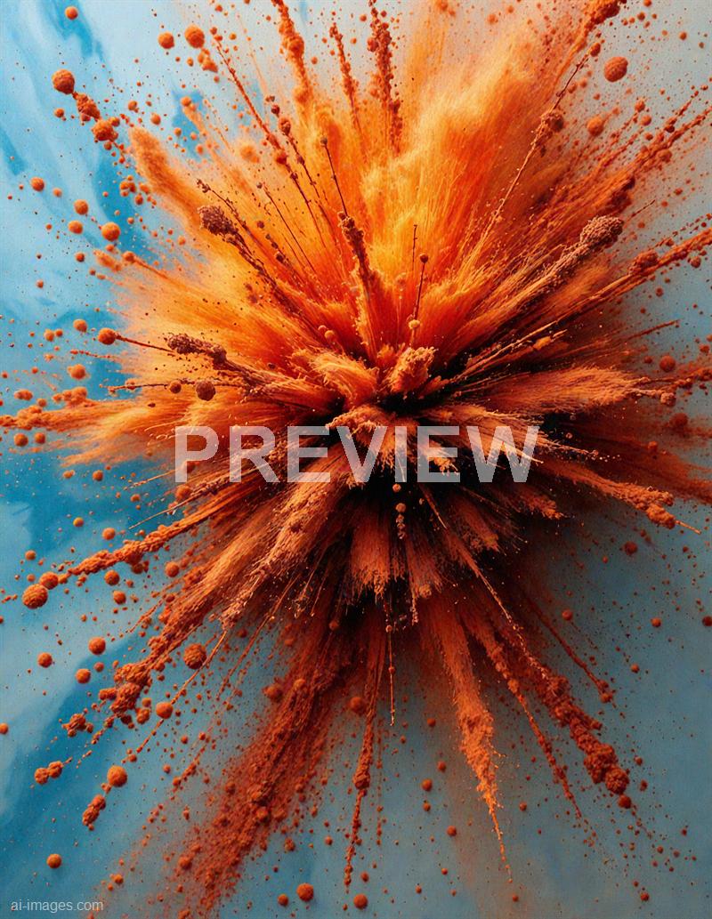 The image features an explosive burst of orange powder or pigment captured mid-air, creating a dynamic and chaotic pattern against a muted blue background. The particles and streaks radiate outward from a central point, giving a sense of motion and energy, with various sizes of dust and splatters adding texture and depth to the scene.