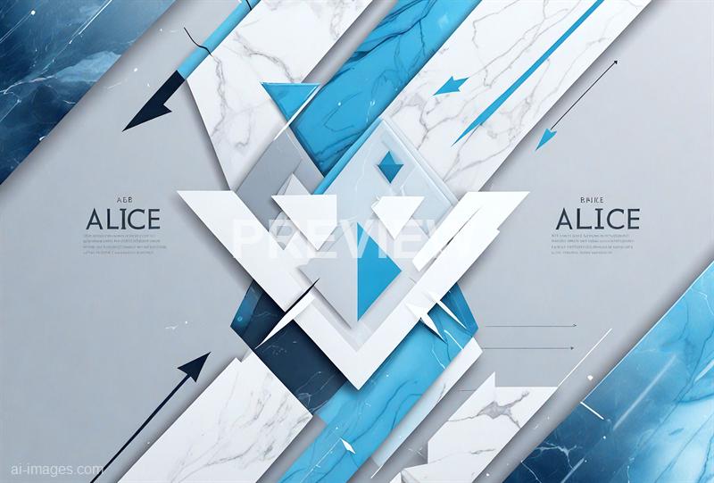 The image features a modern, abstract design composed of layered geometric shapes and panels with a marble texture, predominantly in white, blue, and gray colors. The composition includes sharp lines, arrows, and angular elements, creating a dynamic visual effect. Text elements are visible, with "ALICE" prominently displayed twice on either side, accompanied by smaller, less legible text beneath each instance, all set against the striking geometric background.