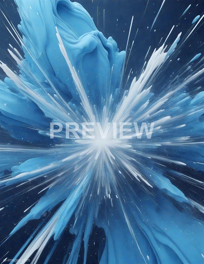 The image features an abstract explosion of blue and white paint or ink, spreading outward from a central bright point. The dynamic streaks and swirls create a sense of motion and energy, with the colors blending seamlessly and forming intricate, wave-like patterns across the canvas. The background is dark, which enhances the vibrant contrast and the sense of depth in the explosion.