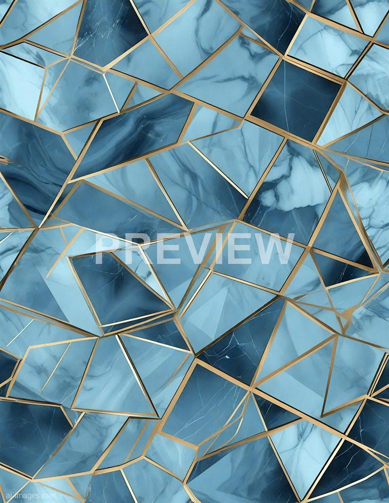 The image features a close-up view of a modern, abstract architectural structure composed of irregular, interconnected geometric panels. The panels are made of a blue marble-like material with varying shades and veining, framed by thin, gold-colored lines that create a complex, web-like pattern across the surface. The overall effect is a striking combination of natural textures and sleek, contemporary design.