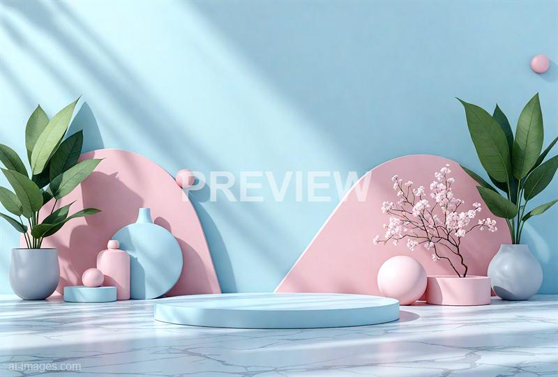 The image features a minimalist and modern decorative scene with a pastel color palette. There are two white vases filled with green leafy plants on each side, accompanied by various geometric objects such as spheres and circular platforms in soft pink and blue. A branch with delicate pink flowers is placed in one of the vases, set against a background of abstract shapes and a light blue wall with subtle shadows cast across the scene. The surface appears to be a marble tabletop, adding a touch of elegance to the composition.