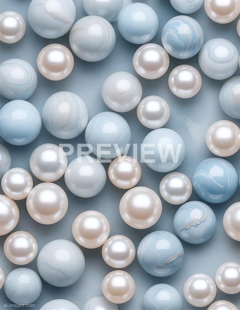 The image features an array of spherical objects, predominantly pearls, arranged on a flat surface. The pearls vary in size and display shades of white, cream, and soft blue, with some exhibiting marbled patterns and a shiny, reflective surface that catches the light beautifully. The background complements the pearls with a matching soft blue hue, enhancing the delicate and elegant appearance of the collection.