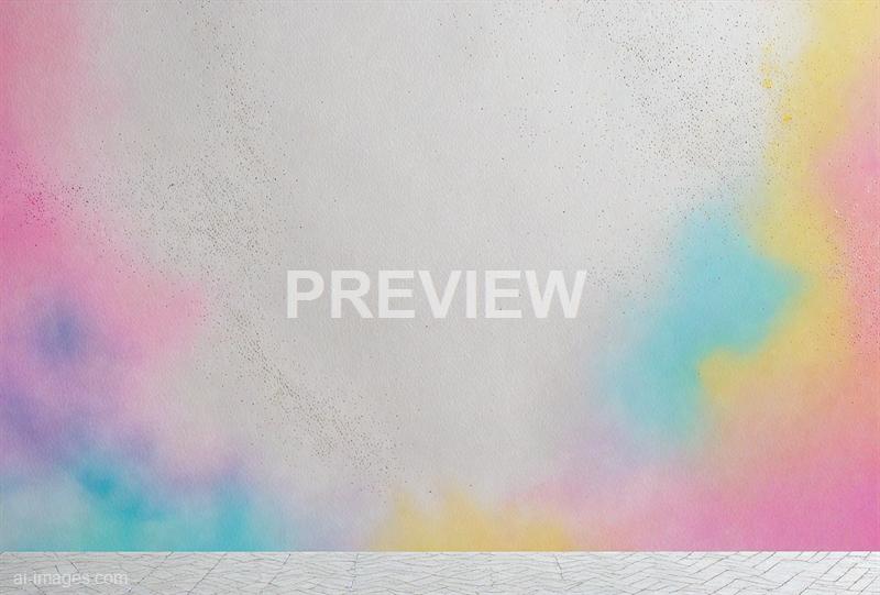 The image features a textured, off-white wall with a subtle rainbow-colored spray paint effect on the right side, blending pink, yellow, blue, and purple hues softly into the wall. The floor is a cracked, white surface that contrasts with the colorful, misty appearance on the wall, giving a vibrant yet minimalistic aesthetic.