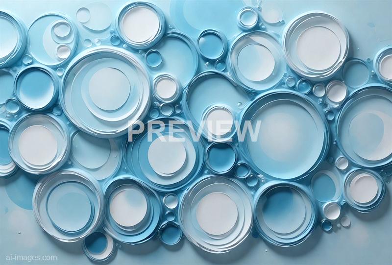 The image shows an arrangement of numerous transparent plastic bottle caps of various sizes, overlapping and scattered across a light blue surface. The caps are primarily circular, with some stacked inside others, creating a layered, textured pattern that emphasizes their glossy, reflective surfaces. The overall color palette is predominantly shades of blue and white, giving a clean and minimalist appearance.