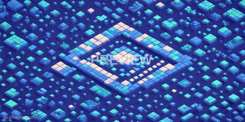 The image depicts a highly stylized, digital-looking cityscape composed of numerous small, brightly colored blocks arranged in a grid pattern. In the center, there is a prominent square structure outlined by layered blocks, resembling a building or monument, with a glowing, illuminated appearance. The entire scene has a futuristic, abstract aesthetic with a predominantly blue and cyan color palette, giving it a high-tech, virtual environment feel.