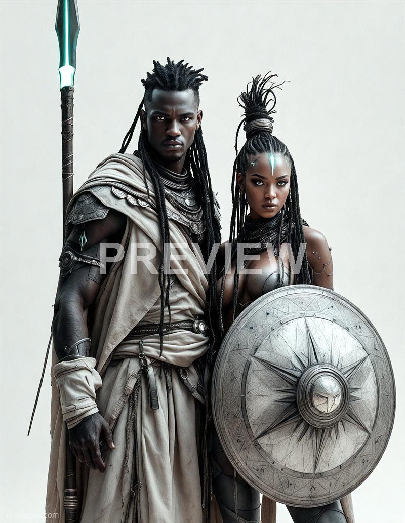 The image features two individuals dressed in elaborate, fantasy-inspired costumes that evoke a tribal or warrior aesthetic. The man on the left has dark skin, styled dreadlocks, and is wearing layered clothing with metallic accents, holding a tall staff with a glowing tip. The woman on the right has a similar skin tone, with long braided hair tied up, and is adorned with metallic jewelry and body paint, holding a large, intricately decorated shield. Both have serious expressions and are set against a plain, neutral background.