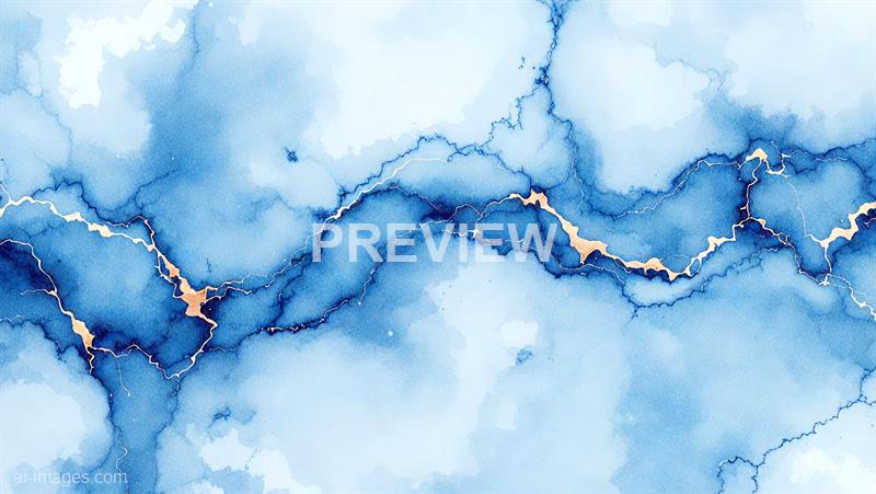 The image features an abstract watercolor painting predominantly in shades of blue with hints of white and light beige. The composition includes irregular, flowing shapes that resemble clouds or water, with jagged, lightning-like streaks of beige running horizontally across the piece, adding contrast and dynamic energy to the scene. The watercolor effect creates a textured, layered appearance with subtle gradients and speckled details throughout the artwork.