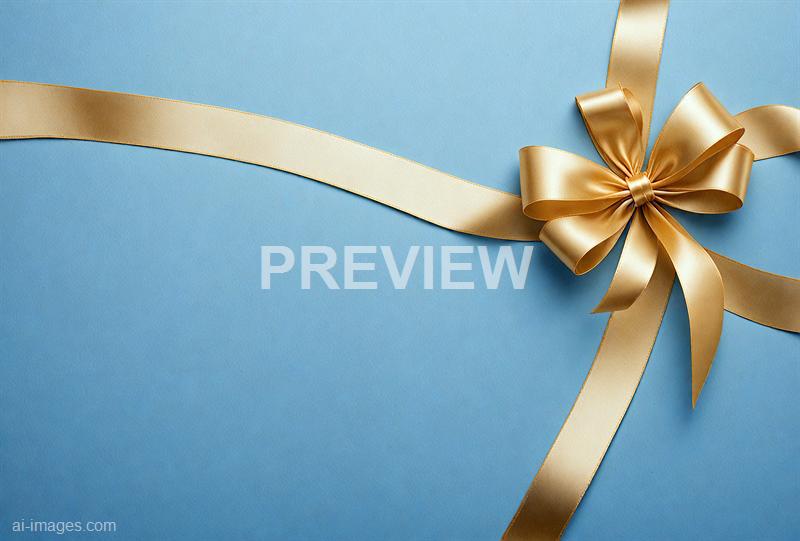 The image features a light blue background with a large, elegant, gold satin ribbon tied into a decorative bow. The ribbon extends across the surface, creating a sophisticated and festive appearance, suitable for gift wrapping or celebration decorations.