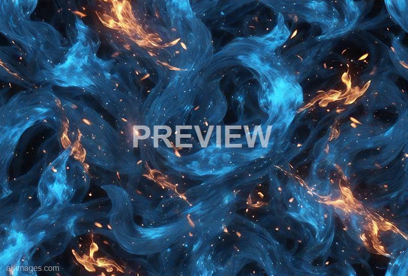 The image displays an abstract scene resembling swirling cosmic or nebula-like formations, predominantly in shades of blue with hints of orange and yellow flames or sparks intermingling within the swirling patterns. The composition creates a sense of depth and movement, with tiny specks that resemble distant stars scattered across the scene, evoking a feeling of looking into a vibrant, energetic universe. The overall effect is dynamic and mesmerizing, emphasizing the fluidity and chaos of cosmic phenomena or fiery energy.