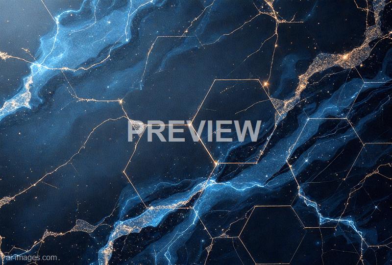 The image depicts an abstract, high-tech scene resembling a network of interconnected hexagonal nodes with glowing lines, set against a cosmic background of dark blues and black. Bright, lightning-like streaks of blue and white weave through the composition, creating a sense of dynamic energy and connectivity across a vast, space-like setting with scattered points of light resembling stars or distant celestial bodies. The overall impression is futuristic and digital, evoking themes of technology, communication, and the universe.