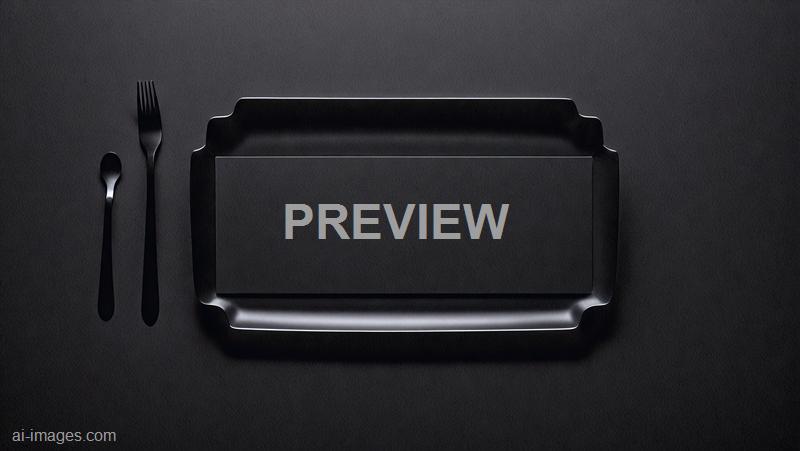 The image features a minimalist, all-black setting with a textured surface background. In the center, there is a black rectangular box or tray, accompanied by a set of black cutlery— a fork, a knife, and a spoon— positioned vertically to the left of the tray, creating a sleek and modern aesthetic.