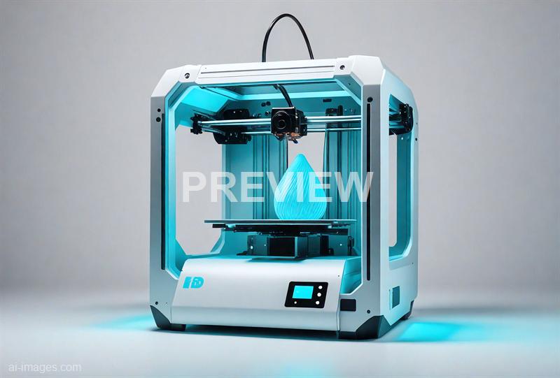 The image shows a modern 3D printer with a sleek, white frame and a digital control panel on the front. It is actively printing a blue, teardrop-shaped object with intricate surface textures, and the interior of the printer is illuminated with a soft blue light, highlighting the printing process against a plain, light gray background.