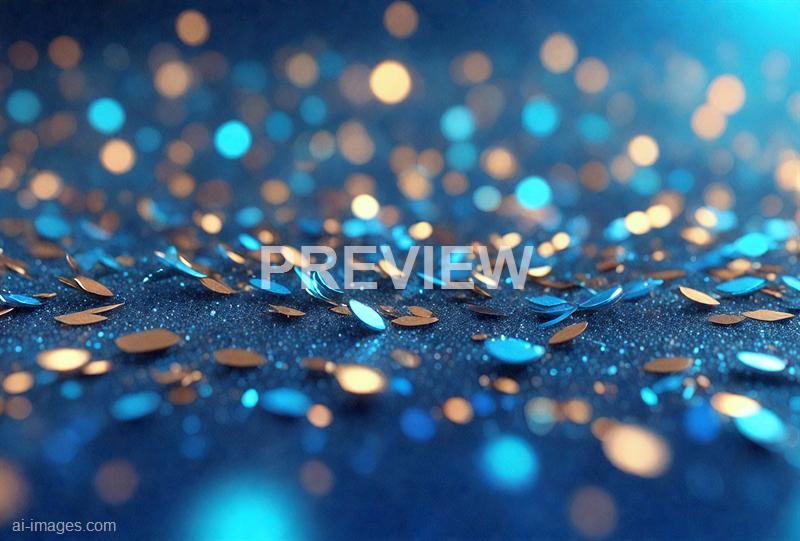 The image features a close-up of a dark, textured surface covered with numerous small, shiny confetti pieces that reflect blue and gold light. The background is blurred with bokeh effects, creating a sparkling and festive atmosphere, likely indicating a celebratory or decorative setting.