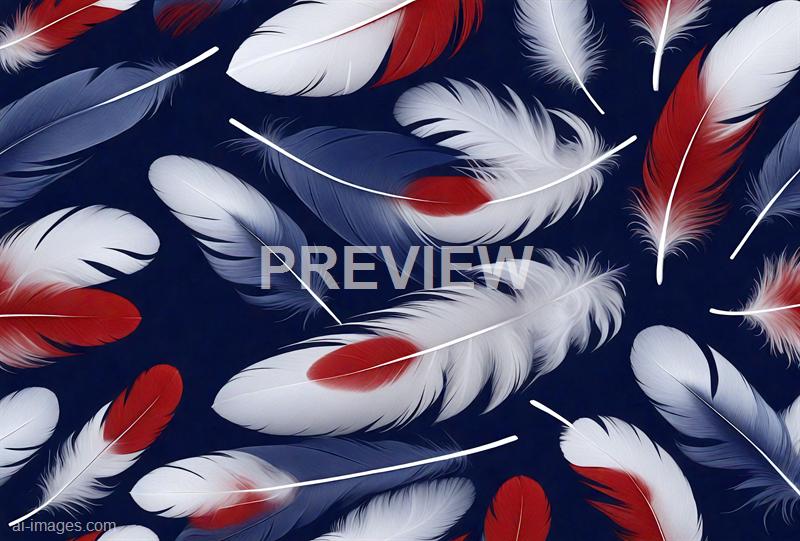 The image features an arrangement of feathers in various shades of white, red, and blue, scattered across a dark background. The feathers are detailed with fine barbs and central quills, creating a soft, textured appearance, with some feathers overlapping or curved, giving a sense of movement and depth.