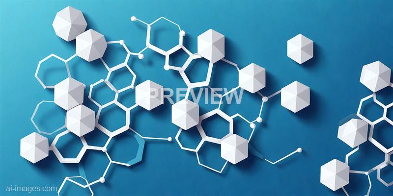 The image features a modern, abstract representation of molecular structures on a blue background. It includes white hexagonal and pentagonal shapes connected by lines, with some three-dimensional cube-like forms attached, resembling a scientific or chemical model. The overall design is clean and minimalistic, emphasizing the geometric and structural elements.