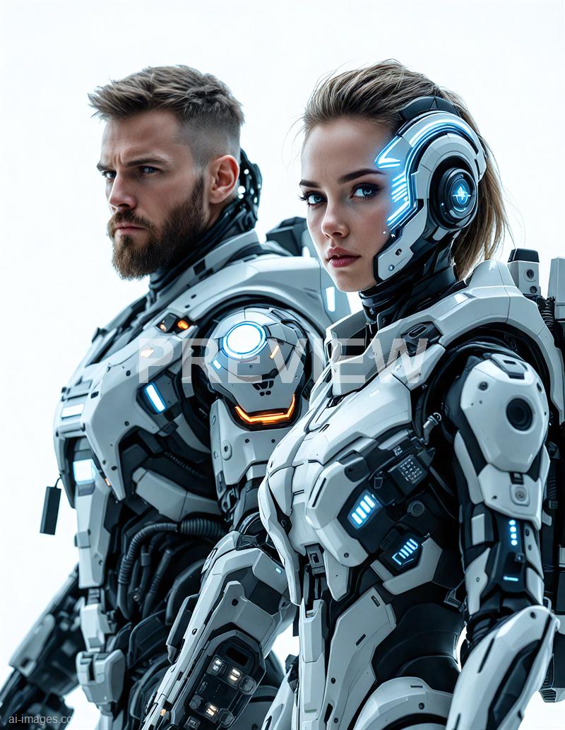 The image features two individuals dressed in advanced, futuristic robotic armor suits. The woman in the foreground has short, light brown hair and striking blue eyes, with her helmet partially lifted to reveal her face, while the man behind her has a beard and short, styled hair, both with serious expressions. The armor they wear is highly detailed, with glowing blue lights, intricate panels, and mechanical components, suggesting a sci-fi or cyberpunk theme.