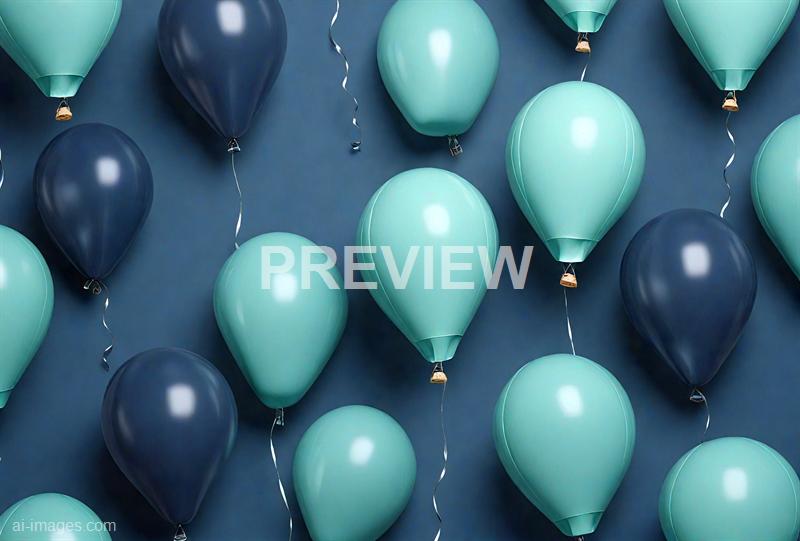 The image features numerous balloons in shades of blue and turquoise, arranged against a matching blue background. The balloons are floating or positioned closely together, with some tied with silver ribbons hanging down, creating a festive and lively atmosphere.