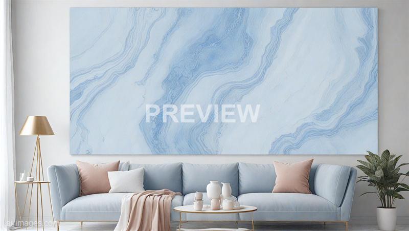 The image depicts a modern, minimalist living room with a large, abstract artwork dominating the wall behind a light blue, plush sofa. The artwork features swirling patterns in shades of blue and white, resembling marble or water currents. To the left, there is a tall, gold-colored floor lamp with a beige lampshade, and to the right, a potted green plant adds a touch of nature to the space. In front of the sofa, a small round coffee table holds a collection of white vases and decorative objects, with a soft pink throw draped over the sofa's armrest, complemented by pastel-colored pillows.