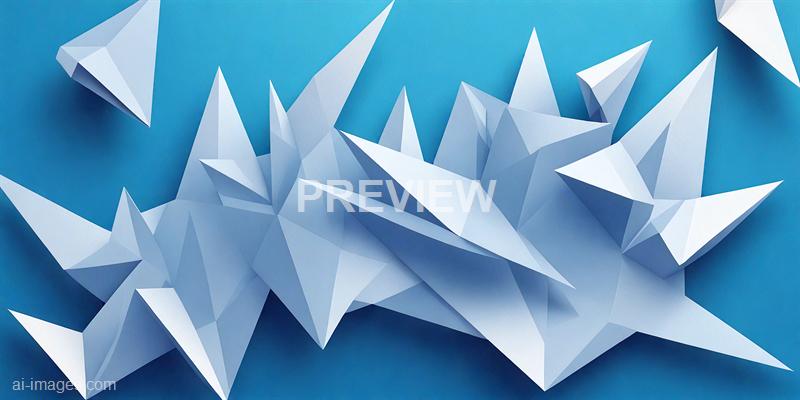 The image features a collection of white, geometric, origami-like shapes scattered across a vibrant blue background. The shapes have sharp edges and angular facets, creating a three-dimensional appearance with shadows that emphasize their folded paper structure. The arrangement appears random, with some shapes overlapping and others standing alone, giving a dynamic and modern aesthetic.