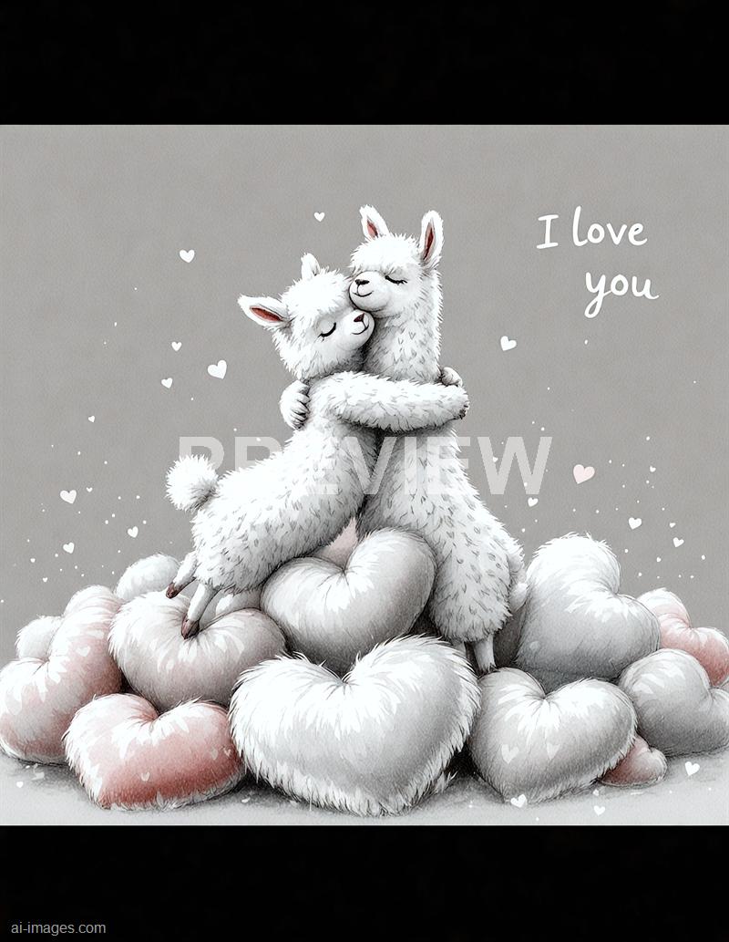 The image features an illustration of two adorable, fluffy llamas or alpacas sharing a warm hug while standing on a heap of soft, heart-shaped clouds. The background is a simple, neutral gray, with small floating hearts scattered around, and the words "I love you" written in a playful, handwritten font on the right side of the image. The overall tone is tender and loving, emphasizing affection and warmth.