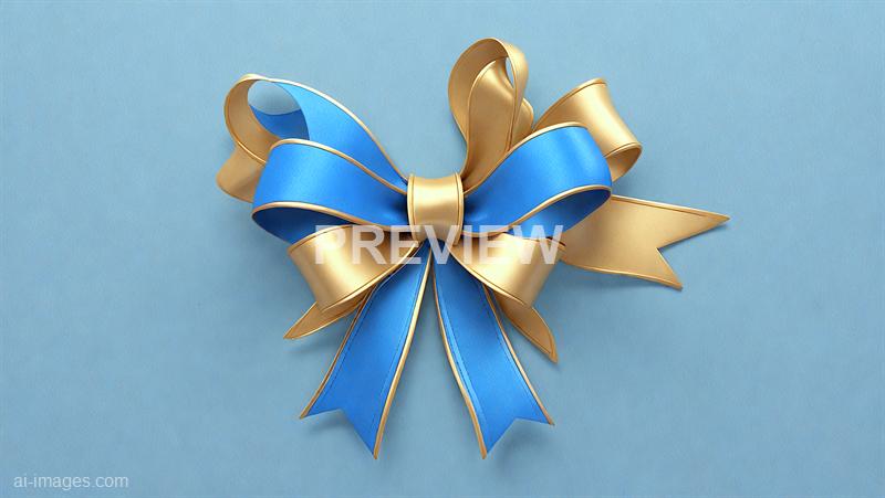 The image features a decorative ribbon bow with alternating blue and gold ribbons. The bows are neatly arranged in a symmetrical pattern, creating an elegant and festive appearance against a soft blue background. The ribbons have a shiny, satin-like texture, and the overall presentation suggests it could be used for gift wrapping or special occasions.