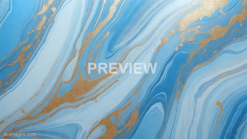 The image displays an abstract pattern resembling flowing marble or water with swirling shades of blue and white, accented by gold-colored streaks and textured patches that create a sense of movement and depth. The gold elements appear as small, uneven clusters that contrast sharply with the smooth, fluid background, adding a touch of elegance and richness to the composition. The overall effect is a dynamic, visually engaging design that combines cool tones with metallic accents.