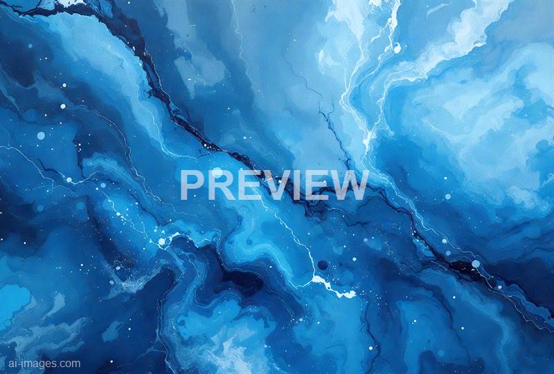 The image features an abstract painting predominantly in shades of blue, with swirling patterns and streaks that resemble lightning or cracks running through the composition. There are also various splatters and dots dispersed across the canvas, adding texture and depth to the scene. The overall effect is dynamic and energetic, evoking the feeling of a stormy sky or turbulent water.