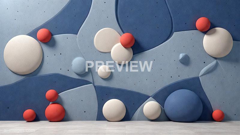 The image features a modern, abstract mural with a textured blue background adorned with variously sized spherical shapes in white, red, and blue. These spheres are arranged in a seemingly random pattern, creating a dynamic visual effect, and are set against a plain white floor that adds contrast to the vibrant backdrop.