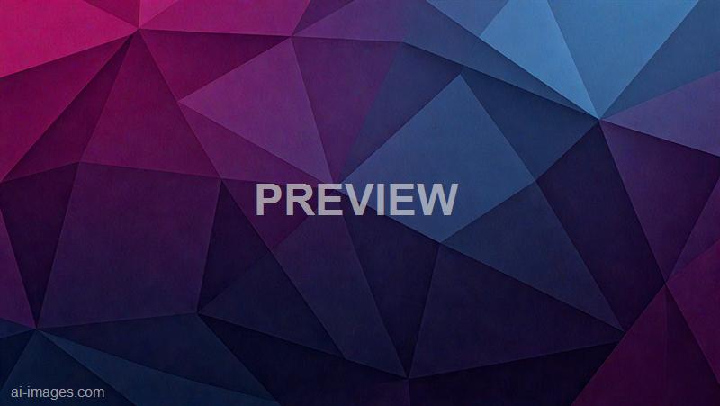 The image features an abstract geometric pattern consisting of various interconnected triangles and polygons. The color palette transitions smoothly from shades of purple and pink in the top left corner to blues and darker tones towards the bottom right, creating a vibrant and dynamic visual effect. The texture appears to be paper-like or matte, with subtle grain visible across the shapes.