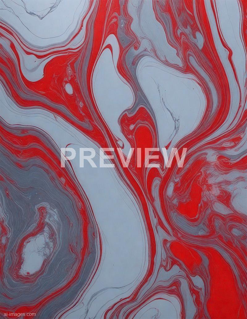 This image features an abstract marbled pattern with swirling lines and shapes in vibrant red, gray, and white hues. The intricate design creates a sense of movement and fluidity, resembling the natural veining found in marble stone or liquid flowing across a surface. There are no recognizable objects or figures, emphasizing its purely artistic and decorative nature.