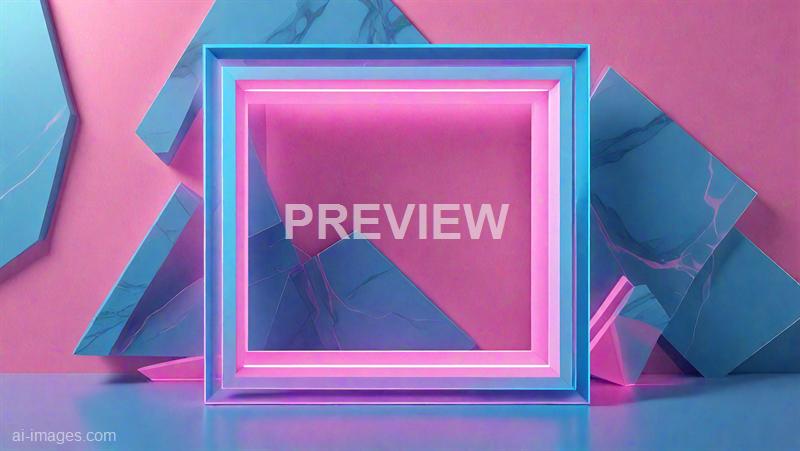 The image features a modern, artistic setup with a pink background and several geometric structures. There are two prominent rectangular frames, one glowing with a pink hue and the other with a blue hue, creating a layered, three-dimensional effect. Behind these frames, there are additional angular, marble-textured panels in shades of blue and pink, adding depth and visual interest to the composition.
