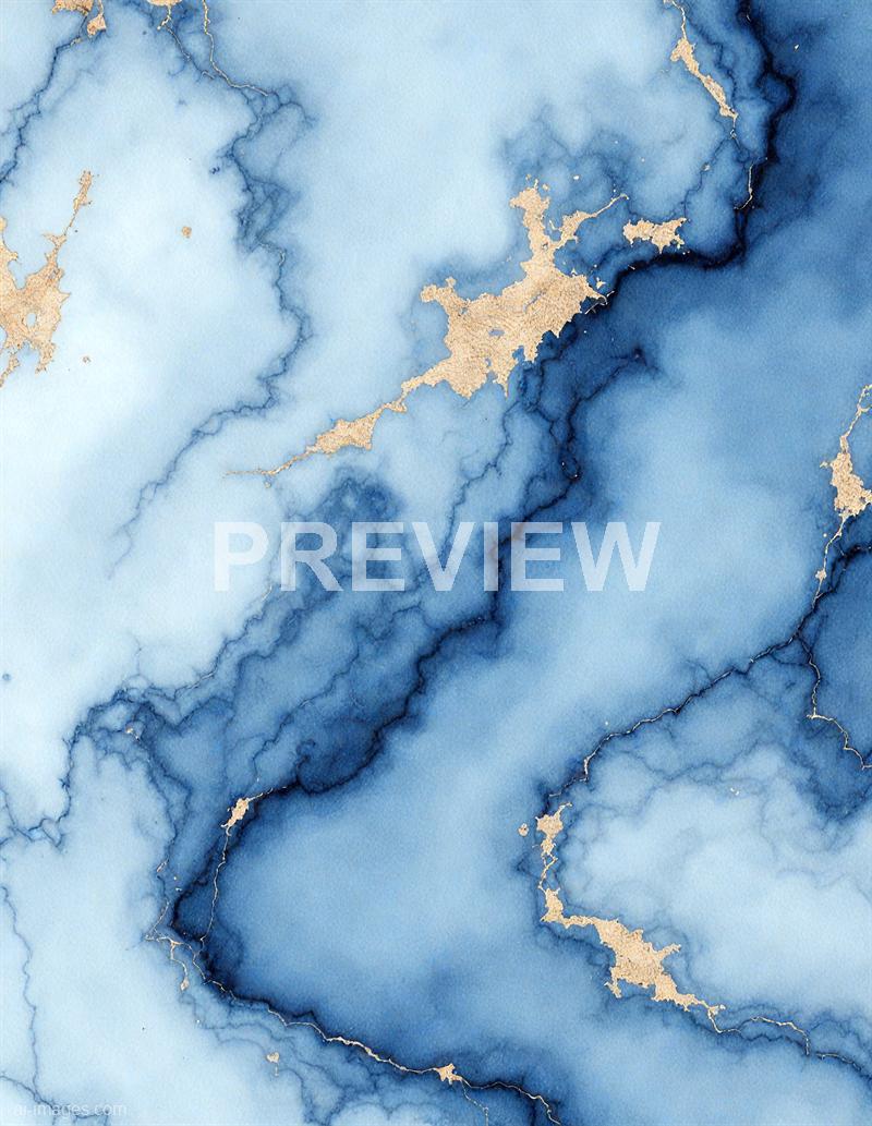 The image features an abstract watercolor painting with various shades of blue blending seamlessly, creating a fluid, marbled effect. Gold accents are scattered throughout, adding a touch of elegance and highlighting the intricate, vein-like patterns that run across the composition. The overall appearance is both calming and sophisticated, with a textured, organic feel.