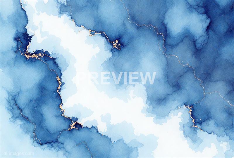 The image displays an abstract watercolor painting featuring various shades of blue, ranging from deep navy to lighter sky tones. The painting includes irregular, flowing shapes with soft, blended edges, and fine, gold-colored lines that resemble lightning or cracks running through the composition. The overall effect is dynamic and fluid, evoking a sense of movement and depth within the abstract design.